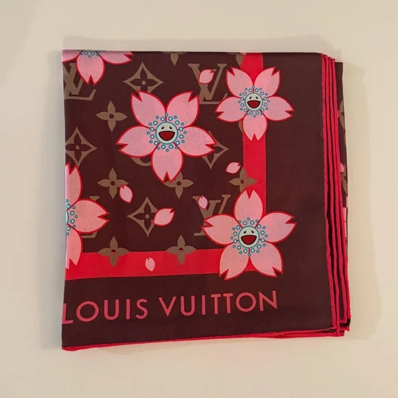 Louis Vuitton x Takashi Murakami Cherry Blossom Silk Scarf Brown Pink Monogram - Picture 8 of 8